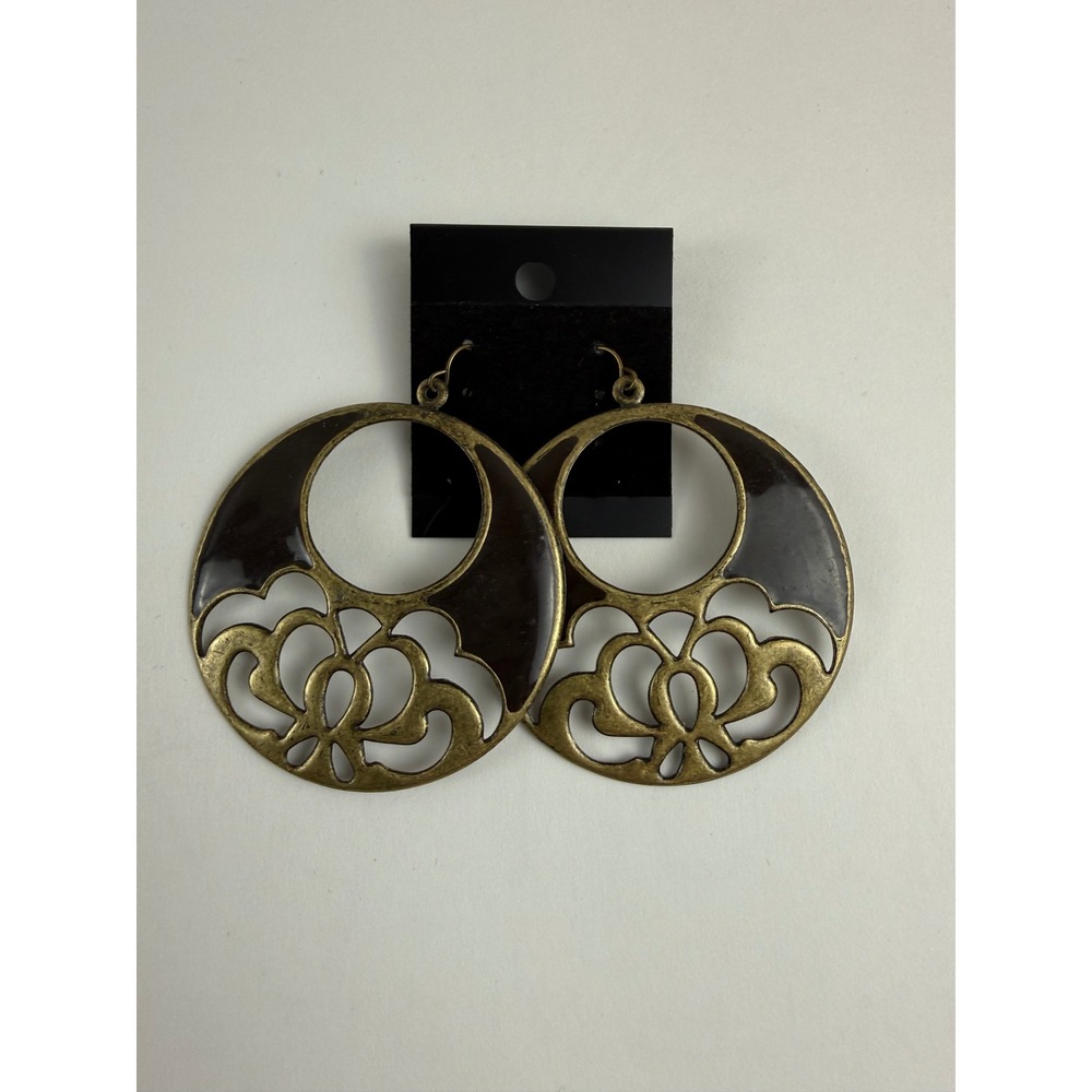 Vintage 80s Brown Enamel Brass Tone Cutout Hoops Dangle Womens Retro Earrings